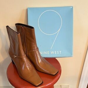 Nine West Brown Leather Square-Toe Ankle Boots